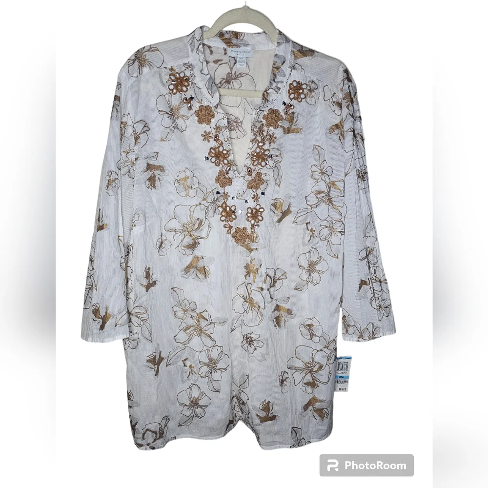 Charter Club women's bright white /brown floral embroidered v-neck top size 20 - Picture 1 of 9